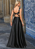 Taniya A-line V-Neck Floor-Length Stretch Satin Bridesmaid Dress With Bow STIP0022615