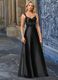 Taniya A-line V-Neck Floor-Length Stretch Satin Bridesmaid Dress With Bow STIP0022615