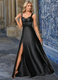 Taniya A-line V-Neck Floor-Length Stretch Satin Bridesmaid Dress With Bow STIP0022615