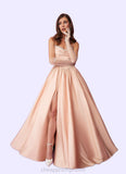 Mandy Beaded Sweetheart Cowl Dropwaist Stretch Satin Ball Gown English Rose STIP0022753