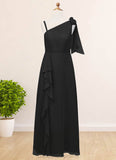 Josephine A-Line Bow Chiffon Floor-Length Junior Bridesmaid Dress black STIP0022850