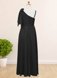 Josephine A-Line Bow Chiffon Floor-Length Junior Bridesmaid Dress black STIP0022850