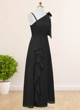 Josephine A-Line Bow Chiffon Floor-Length Junior Bridesmaid Dress black STIP0022850