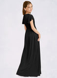 Alula A-Line Ruched Mesh Floor-Length Junior Bridesmaid Dress black STIP0022857