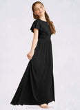 Alula A-Line Ruched Mesh Floor-Length Junior Bridesmaid Dress black STIP0022857