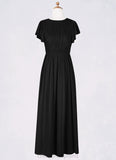 Alula A-Line Ruched Mesh Floor-Length Junior Bridesmaid Dress black STIP0022857