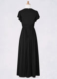 Alula A-Line Ruched Mesh Floor-Length Junior Bridesmaid Dress black STIP0022857