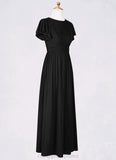 Alula A-Line Ruched Mesh Floor-Length Junior Bridesmaid Dress black STIP0022857