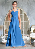 Evie Pleated Mesh Floor-Length Junior Bridesmaid Dress Blue Jay STIP0022861