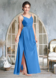 Evie Pleated Mesh Floor-Length Junior Bridesmaid Dress Blue Jay STIP0022861