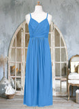 Evie Pleated Mesh Floor-Length Junior Bridesmaid Dress Blue Jay STIP0022861