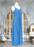 Evie Pleated Mesh Floor-Length Junior Bridesmaid Dress Blue Jay STIP0022861