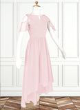 Gwendoline A-Line Ruched Chiffon Asymmetrical Junior Bridesmaid Dress Blushing Pink STIP0022862