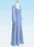 Lucille A-Line Chiffon Floor-Length Junior Bridesmaid Dress with Pockets Steel Blue STIP0022867