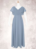 Mariah A-Line Ruched Chiffon Floor-Length Junior Bridesmaid Dress dusty blue STIP0022872