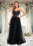 Kamila Ball-Gown/Princess V-Neck Floor-Length Tulle Prom Dresses With Sequins Appliques Lace STIP0025837