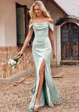 Sheath/Column Off-the-Shoulder Sleeveless Floor-Length Stretch Satin Bridesmaid Dresses with Pleated Hilda STIP0025218