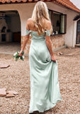 Sheath/Column Off-the-Shoulder Sleeveless Floor-Length Stretch Satin Bridesmaid Dresses with Pleated Hilda STIP0025218