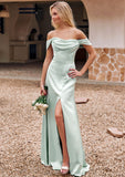 Sheath/Column Off-the-Shoulder Sleeveless Floor-Length Stretch Satin Bridesmaid Dresses with Pleated Hilda STIP0025218