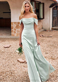 Sheath/Column Off-the-Shoulder Sleeveless Floor-Length Stretch Satin Bridesmaid Dresses with Pleated Hilda STIP0025218