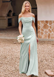 Sheath/Column Off-the-Shoulder Sleeveless Floor-Length Stretch Satin Bridesmaid Dresses with Pleated Hilda STIP0025218