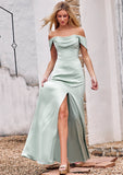 Sheath/Column Off-the-Shoulder Sleeveless Floor-Length Stretch Satin Bridesmaid Dresses with Pleated Hilda STIP0025218