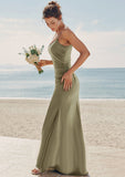 Trumpet/Mermaid Scoop Neck Sleeveless Floor-Length Stretch Satin Bridesmaid Dresses with Pleated Split Nathalia STIP0025219