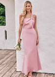 Sheath/Column One-Shoulder Sleeveless Ankle-Length Stretch Satin Bridesmaid Dresses with Pleated Alia STIP0025220