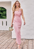 Sheath/Column One-Shoulder Sleeveless Ankle-Length Stretch Satin Bridesmaid Dresses with Pleated Alia STIP0025220