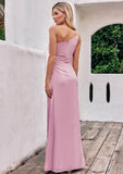 Sheath/Column One-Shoulder Sleeveless Floor-Length Stretch Satin Bridesmaid Dresses with Pleated Carissa STIP0025221