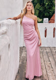 Sheath/Column One-Shoulder Sleeveless Floor-Length Stretch Satin Bridesmaid Dresses with Pleated Carissa STIP0025221