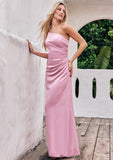 Sheath/Column One-Shoulder Sleeveless Floor-Length Stretch Satin Bridesmaid Dresses with Pleated Carissa STIP0025221