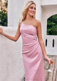 Sheath/Column One-Shoulder Sleeveless Floor-Length Stretch Satin Bridesmaid Dresses with Pleated Carissa STIP0025221