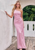 Sheath/Column One-Shoulder Sleeveless Floor-Length Stretch Satin Bridesmaid Dresses with Pleated Carissa STIP0025221