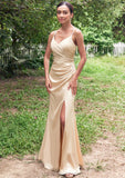 Sheath/Column V Neck Sleeveless Floor-Length Stretch Satin Bridesmaid Dresses with Pleated Split Felicity STIP0025222