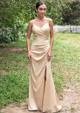 Sheath/Column V Neck Sleeveless Floor-Length Stretch Satin Bridesmaid Dresses with Pleated Split Felicity STIP0025222