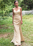 Sheath/Column V Neck Sleeveless Floor-Length Stretch Satin Bridesmaid Dresses with Pleated Split Felicity STIP0025222