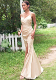 Sheath/Column V Neck Sleeveless Floor-Length Stretch Satin Bridesmaid Dresses with Pleated Split Felicity STIP0025222