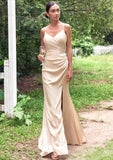 Sheath/Column V Neck Sleeveless Floor-Length Stretch Satin Bridesmaid Dresses with Pleated Split Felicity STIP0025222