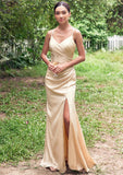 Sheath/Column V Neck Sleeveless Floor-Length Stretch Satin Bridesmaid Dresses with Pleated Split Felicity STIP0025222