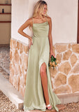 A-line Square Neckline Sleeveless Floor-Length Stretch Satin Bridesmaid Dresses with Bowknot Split Payton STIP0025223