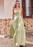 A-line Square Neckline Sleeveless Floor-Length Stretch Satin Bridesmaid Dresses with Bowknot Split Payton STIP0025223