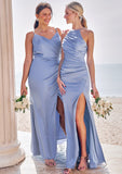 Sheath/Column Halter Sleeveless Floor-Length Stretch Satin Bridesmaid Dresses with Pleated Split Emerson STIP0025224