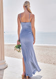 Sheath/Column Halter Sleeveless Floor-Length Stretch Satin Bridesmaid Dresses with Pleated Split Emerson STIP0025224