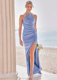 Sheath/Column Halter Sleeveless Floor-Length Stretch Satin Bridesmaid Dresses with Pleated Split Emerson STIP0025224