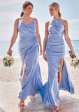 Sheath/Column Halter Sleeveless Floor-Length Stretch Satin Bridesmaid Dresses with Pleated Split Emerson STIP0025224