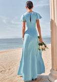 Sheath/Column V Neck Short Sleeve Floor-Length Stretch Satin Bridesmaid Dresses with Pleated Lilianna STIP0025225