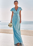 Sheath/Column V Neck Short Sleeve Floor-Length Stretch Satin Bridesmaid Dresses with Pleated Lilianna STIP0025225