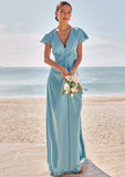 Sheath/Column V Neck Short Sleeve Floor-Length Stretch Satin Bridesmaid Dresses with Pleated Lilianna STIP0025225