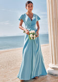 Sheath/Column V Neck Short Sleeve Floor-Length Stretch Satin Bridesmaid Dresses with Pleated Lilianna STIP0025225